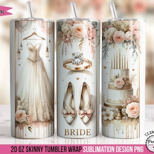 May include: Three 20 ounce skinny tumbler wraps with sublimation designs featuring a wedding theme. The designs include a bride in a white gown, a wedding cake with candles, and a pair of high heels with a diamond ring.