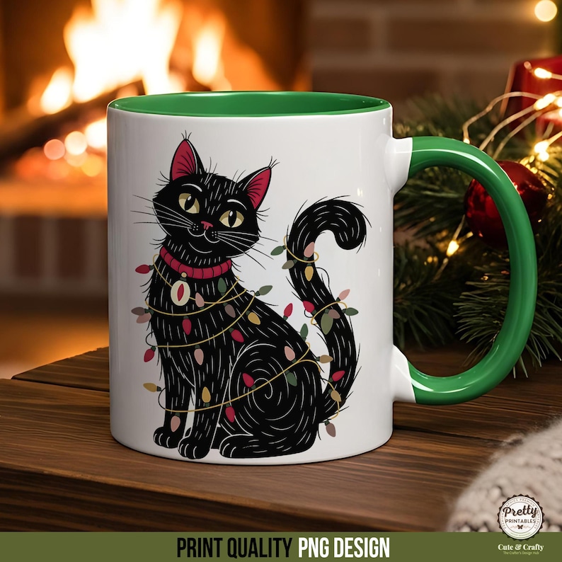 Christmas Cat Mug, Black Cat with Festive Lights, Holiday Coffee Cup, Cute Cat Lover Gift, Winter Theme Drinkware, Unique Kitten Design