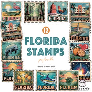 Retro Florida PNG Bundle: Florida Stamps, Florida Shirt png, Miami png, Flamingo png, Florida State png, Beach Vibes Florida, Junk Journal