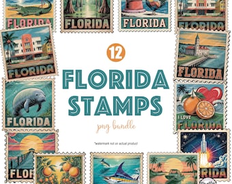 Retro Florida PNG Bündel: Florida Briefmarken, Florida Shirt png, Miami png, Flamingo png, Florida State png, Beach Vibes Florida, Junk Journal