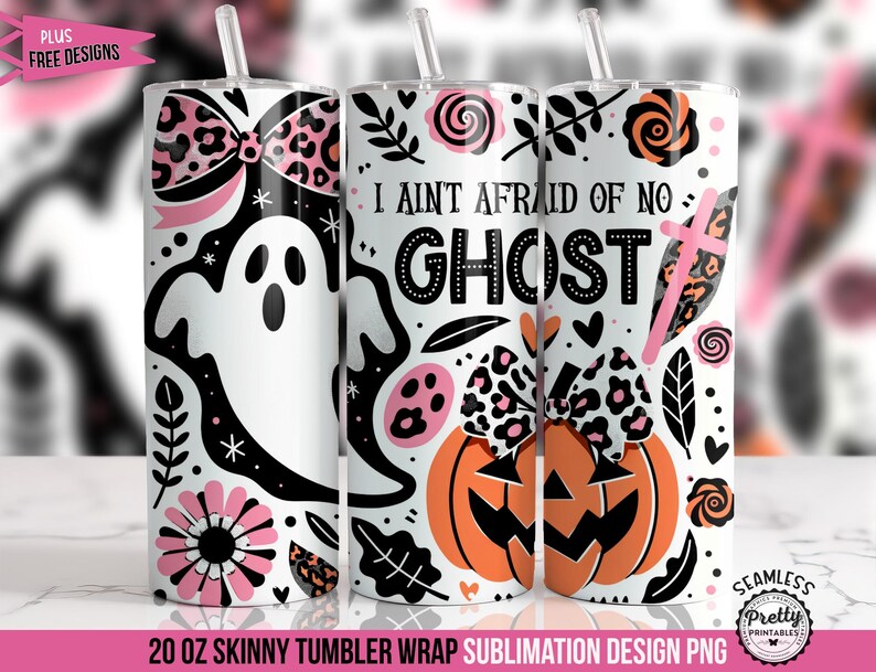 Halloween Tumbler Wrap Design, 20 oz Skinny Ghost Pumpkin Sublimation, Digital PNG Download, Spooky Drinkware Decoration, Fall Themed