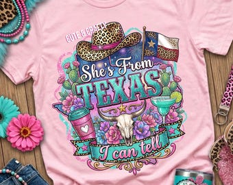 She's From Texas PNG: Western Texas Pride Shirt Sublimation Design, Leopard Print Texas Girl PNG for Shirts, Cowgirl Hat, Bull Skull, DTF