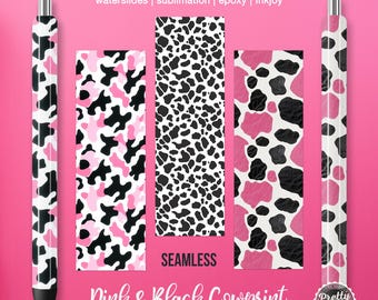 Cow Print Pen Wraps: Cowgirl Pen Wrap Sublimation Bundle, Waterslide Pen Wrap, Pink Black, Country Pen Wraps, Epoxy Pen Wrap Template PNG