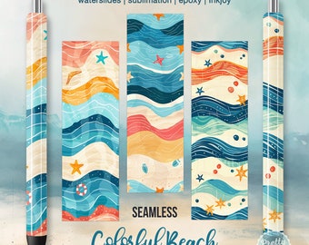 Colorful Beach Pen Wraps: SEAMLESS Sublimation Bundle, Waterslide Pen Wrap, Epoxy Pen Wraps, Beach Themed Pen Wraps, Tropical Summer, PNG