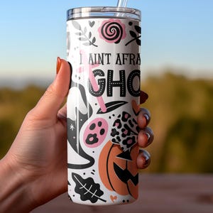 Halloween Tumbler, Spooky Ghost and Pumpkin Design, Insulated Travel Mug, Stainless Steel Drinkware, Fall Season Gift Idea