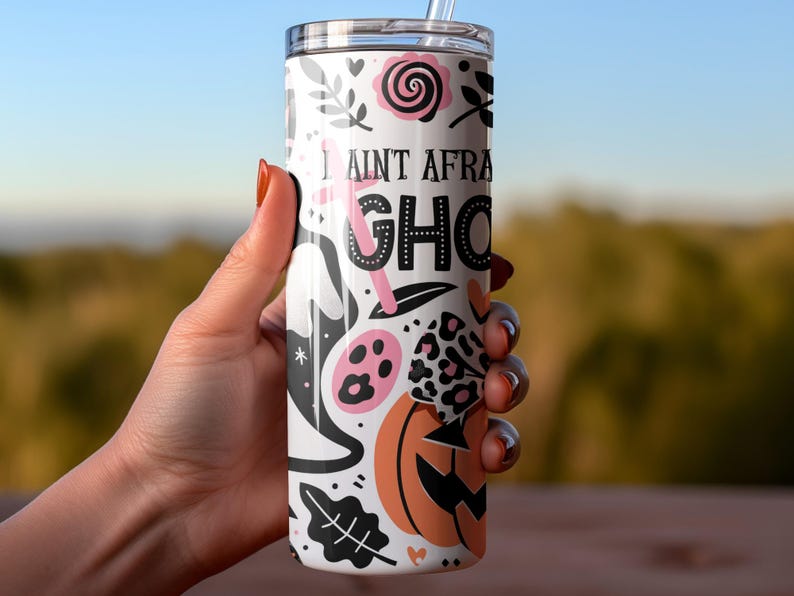Halloween Tumbler, Spooky Ghost and Pumpkin Design, Insulated Travel Mug, Stainless Steel Drinkware, Fall Season Gift Idea