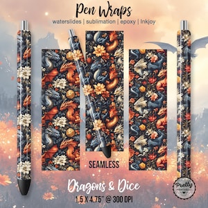 Dragons & Dice Pen Wraps: Pen Wrap Sublimation PNG, Epoxy Pen Wrap, Pen Wraps Waterslide, Ink Joy, Custom Pens, Fantasy D20 Game, Dragon Pen
