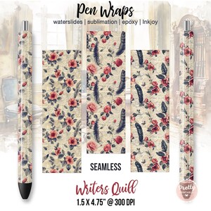 Pode incluir: Um download digital de um padrão sem costura com um design floral vintage com rosas vermelhas, penas azuis e texto escrito à mão sobre um fundo creme. O padrão mede 1,5 polegadas por 4,75 polegadas e 300 DPI. O padrão é perfeito para envoltórios de caneta, slides de água, sublimação, epóxi e Inkjoy.