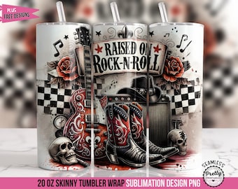 May include: A sublimation design for a 20 ounce skinny tumbler featuring a black and white checkered pattern, a red rose, a guitar, cowboy boots, a skull, and the text "Raised on Rock-n-Roll".
