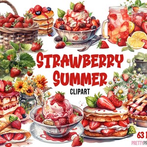 Bundle de cliparts aquarelle ferme aux fraises : fraise d'été PNG - Dessert aux fraises, clipart petit déjeuner, panier de fraises, marché de producteurs