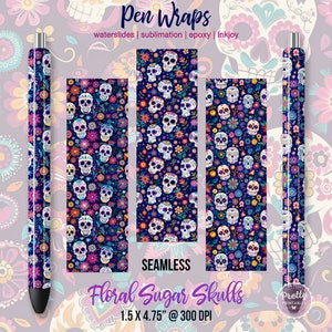 Zestaw opakowań na długopisy Floral Sugar Skulls: Dzień Zmarłych, Waterslide na długopisy, Sublimacyjne opakowania na długopisy, Epoxy na długopisy, Inkjoy, Fun Bright, PNG