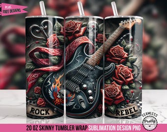 May include: Three 20 ounce skinny tumbler wraps featuring a black electric guitar with red roses, flames, and the words "Rock" and "Rebel".