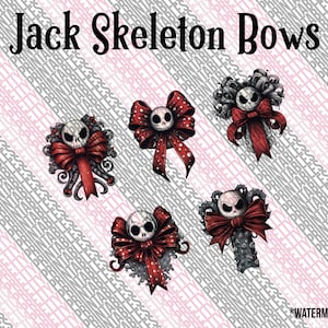 May include: Five digital clip art images of Jack Skellington from The Nightmare Before Christmas, each with a red bow and white polka dots. The text "Jack Skeleton Bows" is at the top of the image. The text "Pretty Printables" is at the bottom of the image.