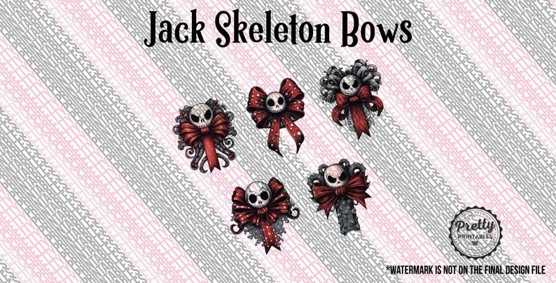 May include: Five digital clip art images of Jack Skellington from The Nightmare Before Christmas, each with a red bow and white polka dots. The text "Jack Skeleton Bows" is at the top of the image. The text "Pretty Printables" is at the bottom of the image.