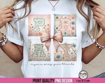 Boho Christian Pray PNG: Sublimation Design with Sleeve, Coquette Floral Cottagecore Faith Sublimation, Church Shirt for Christian Women PNG