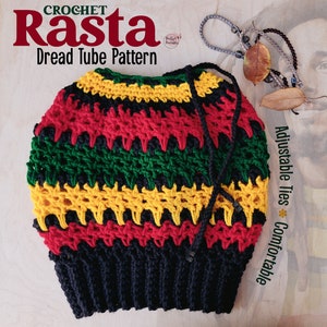 May include: Crochet Rasta Dread Tube Pattern - A crocheted hat in red, yellow, green, and black colours with adjustable ties. The hat is made with a crochet stitch pattern and has a tube shape.