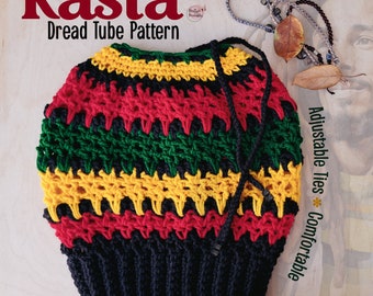 May include: Crochet Rasta Dread Tube Pattern - A crocheted hat in red, yellow, green, and black colors with adjustable ties. The hat is made with a crochet stitch pattern and has a tube shape.