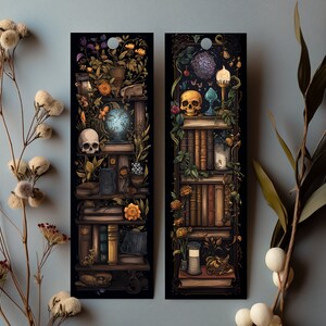 May include: Two illustrated bookmarks with a dark background. The bookmarks feature a bookshelf filled with books, skulls, flowers, and other decorative items. The bookmarks are perfect for book lovers and those who appreciate unique and whimsical designs.