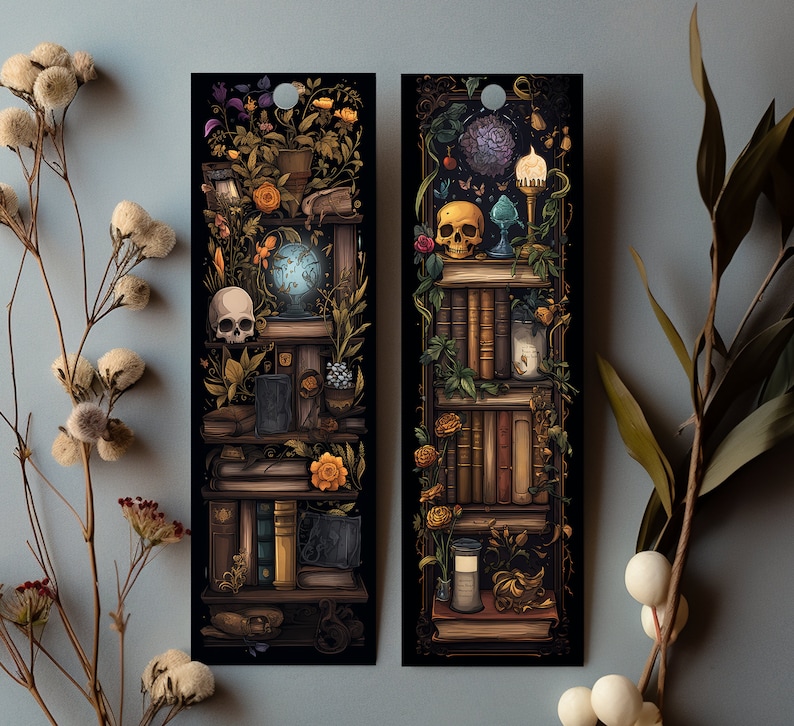May include: Two illustrated bookmarks with a dark background. The bookmarks feature a bookshelf filled with books, skulls, flowers, and other decorative items. The bookmarks are perfect for book lovers and those who appreciate unique and whimsical designs.