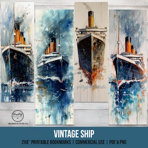 May include: Three watercolor paintings of vintage ships. Each painting features a different ship with a blue and white watercolor background. The ships are all facing forward and are in the water. The paintings are 2x6 inches and are printable bookmarks.