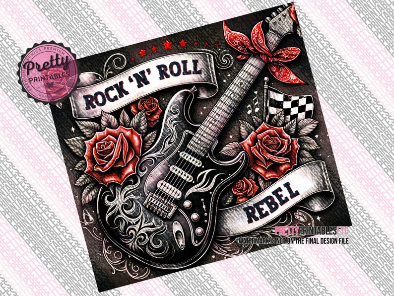 Rock-n-Roll Tumbler Wrap: Music Tumbler Wrap, 20 oz Sublimation Design, Rock and Roll PNG, Guitar Tumbler, Rebel Gothic Roses Guitarist Gift image 2
