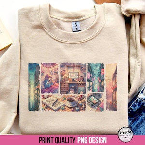 Peut inclure: Un sweat-shirt beige avec un imprimé graphique d'une scène de ville avec une fille assise dans une pièce. Le graphique est composé de six panneaux, chacun représentant une scène différente. Les panneaux sont disposés en grille. Le sweat-shirt a un col rond et des manches longues. Le graphique est imprimé dans une palette de couleurs douces et tamisées.