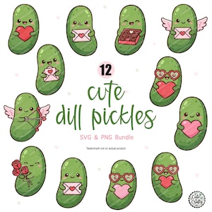 May include: A collection of 12 cartoon dill pickles with various Valentine's Day themes. Some pickles hold hearts, chocolates, letters, and roses. The text reads "cute dill pickles" and "SVG & PNG Bundle".