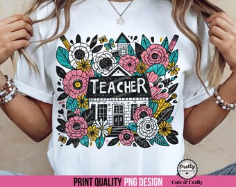 Preppy Teacher Shirt PNG: Cute Teacher Sublimation Design, Floral Bright Teacher PNG, Teacher Appreciation Teacher Gift, Summer Teacher PNG