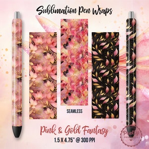 Pink Gold Pen Wraps: Floral Fantasy Designs PNG, Pen Wrap Bundle, Waterslide Pen Wrap, Sublimation, Epoxy Pen Wrap, Inkjoy Seamless