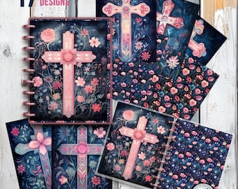May include: 17 printable journal cover designs featuring a pink cross surrounded by flowers on a dark blue background. The designs are 8.5 x 11 inches.