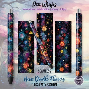 Neon Flower Doodles Pen Wraps: Sublimation Bundle, Waterslide Pen Wrap, Epoxy Pen Wraps, Quirky Pen Wraps, Colorful Flowers PNG, Seamless