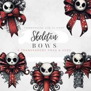 May include: Five digital illustrations of a skeleton wearing a red and white polka dot bow. The skeleton is wearing a bow tie and has a skull face. The text "Skeleton Bows" is written in the center of the image.  The text "5 Transparent PNGs & SVGs" is written below the text "Skeleton Bows".