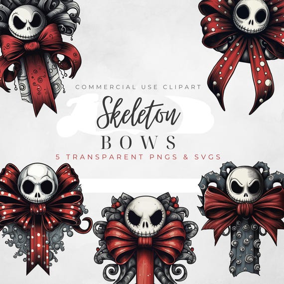 Skeleton Coquette Bows Clipart: PNG & SVG - Skeleton Clipart Bundle, Gothic Bows PNG, Spooky Christmas Nightmare Bows svg, Dark Academia