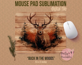 Diseño de sublimación de alfombrilla de ratón de caza - Buck Deer in the Woods Acuarela, Fondo de madera, Regalo para hombres, Mouse Pad PNG - Descarga digital