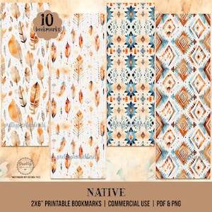 May include: Ten printable bookmarks featuring two designs: a watercolor pattern of feathers in shades of orange and brown on a white background and a geometric pattern in shades of blue, orange, and brown on a white background. The bookmarks are 2 inches by 6 inches and are for commercial use. The text "NATIVE" is printed at the bottom of the image.