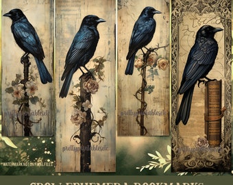 Dark Academia Printable Bookmarks: Crow Ephemera Bookmarks Set, Digital PNG & PDF, 4 Bookmark Designs, Bookish Gift, Junk Journal, Gothi