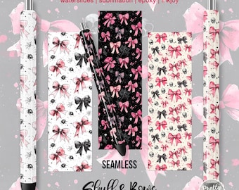 May include: Three digital pen wrap designs featuring pink bows, black skulls, and a white background. The designs are seamless and measure 1.5 inches by 4.75 inches at 300 DPI. The text "Pen Wraps" is at the top of the image, and the text "Skull & Bows" is at the bottom of the image.
