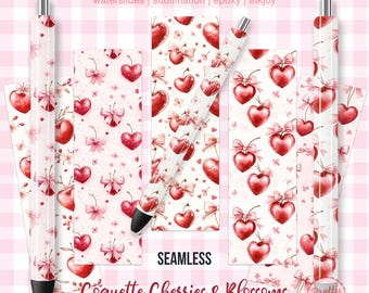 Coquette Cherry Pen Wraps: Sublimationsstift-Wraps-Bündel, Kirschen und Bögen, weiches Mädchen, Pen-Wrap-Wasserfolien, Epoxy-Pen-Wraps