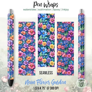 May include: A digital download of a seamless pattern featuring a neon flower garden design. The pattern is perfect for pen wraps, waterslides, sublimation, epoxy, and Inkjoy projects. The design is 1.5 inches by 4.75 inches and 300 DPI.