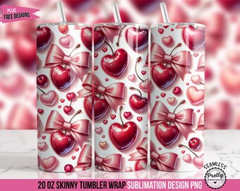 Tumbler Wrap 3D Cherry Coquette: Design a sublimazione da 20 once, fiocco rosa ciliegia PNG, estetica Soft Girl, Tumbler Wrap con ciliegie a forma di cuore, Tumbler anni '50
