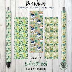 May include: St Patrick's Day pen wraps and a pen are displayed. The wraps feature shamrocks, rainbows, pots of gold, and leprechauns. The text "Pen Wraps" and "Luck of the Irish" are visible. The wraps measure approximately 3.8 x 12.1 cm.