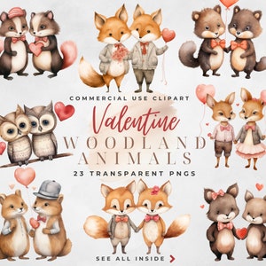 Bundle mignon de cliparts animaux des bois, aquarelle animaux PNG, couples des bois : renard, cerf, hibou, hérisson, blaireau, écureuil, mouffette, coeurs