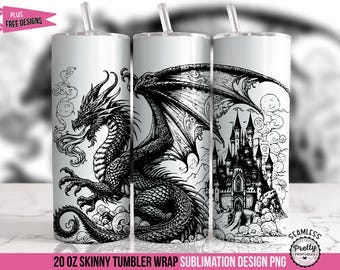 Black White Dragon Tumbler Wrap: 20 oz Sublimationsdesign PNG, Fantasy Tumbler Wrap für Männer, mittelalterliche Burg PNG, Tabletop Gaming Geschenk PNG