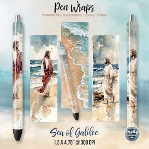 May include: Pen wrap design featuring a watercolor painting of Jesus walking on the Sea of Galilee. The design is 1.5 inches by 4.75 inches and 300 DPI.