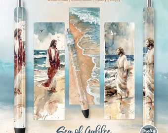 Jesus Pen Wraps: Christian Faith Sublimation Bundle, Waterslide Pen Wrap, Epoxy Pen Wraps, Sea of Galilee, Footprints in the Sand, Easter