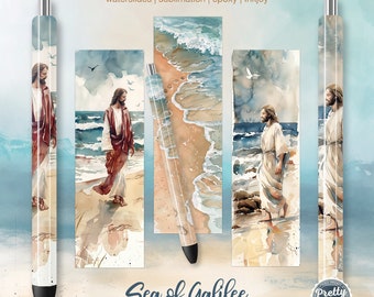 Envoltórios de caneta Jesus: pacote de sublimação da fé cristã, envoltório de caneta tobogã, envoltórios de caneta epóxi, Mar da Galileia, pegadas na areia, Páscoa