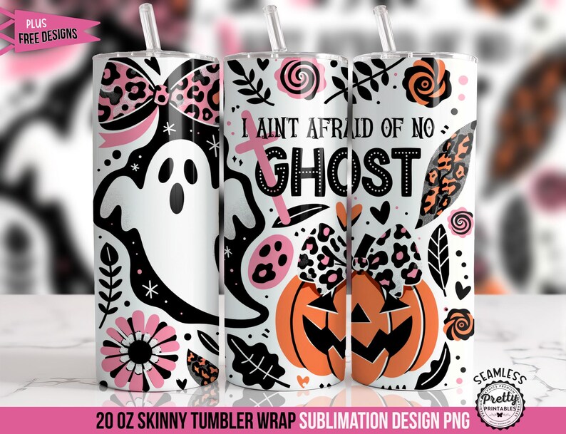 Halloween Tumbler Wrap, 20 oz Skinny Sublimation Design, Ghost and Pumpkin Graphics, Black and White Pattern, Digital Download PNG
