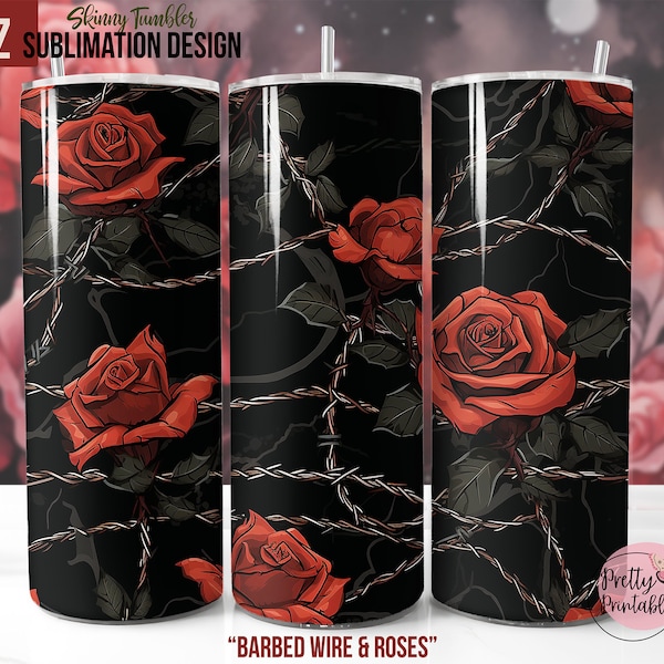 Barbed Wire & Red Roses Tumbler Wrap: 20 oz Skinny Sublimation Design, Digital Download PNG - Dark Academia Tumbler Wrap, Gothic Romance