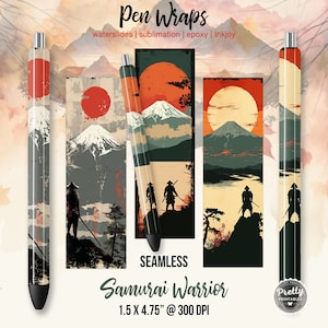 May include: Four pen wrap designs featuring a Japanese mountain scene with a red sun, a lake, and two samurai warriors. The designs are seamless and measure 1.5 inches by 4.75 inches at 300 DPI.