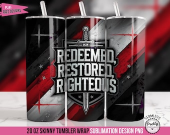 Christian Tumbler Wrap for Men: Redeemed 20 oz Skinny Seamless Sublimation Design, Faith in Jesus, Bible Tumbler Wrap, Cross, Sword PNG